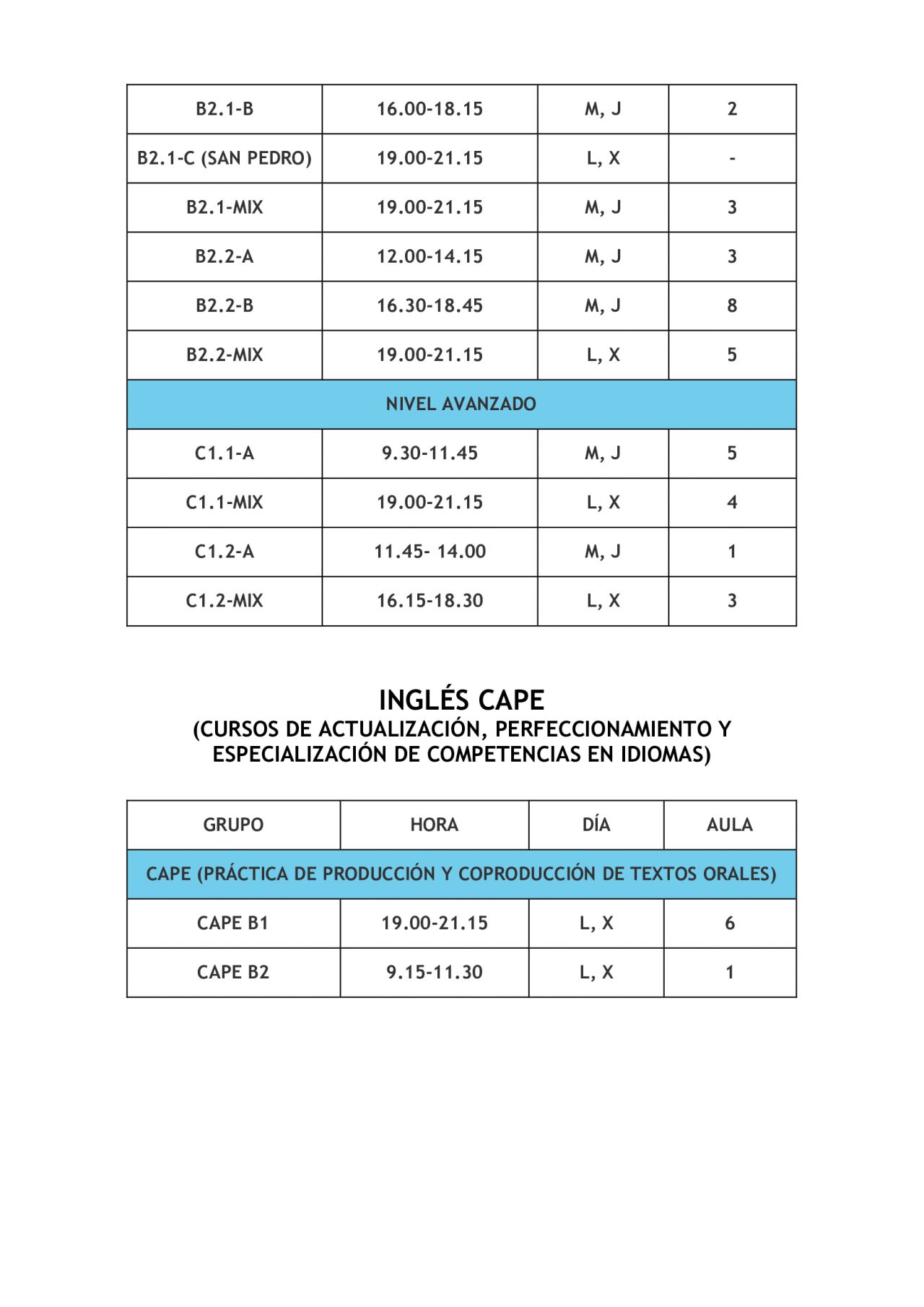 HORARIOS INGLÉS EOI